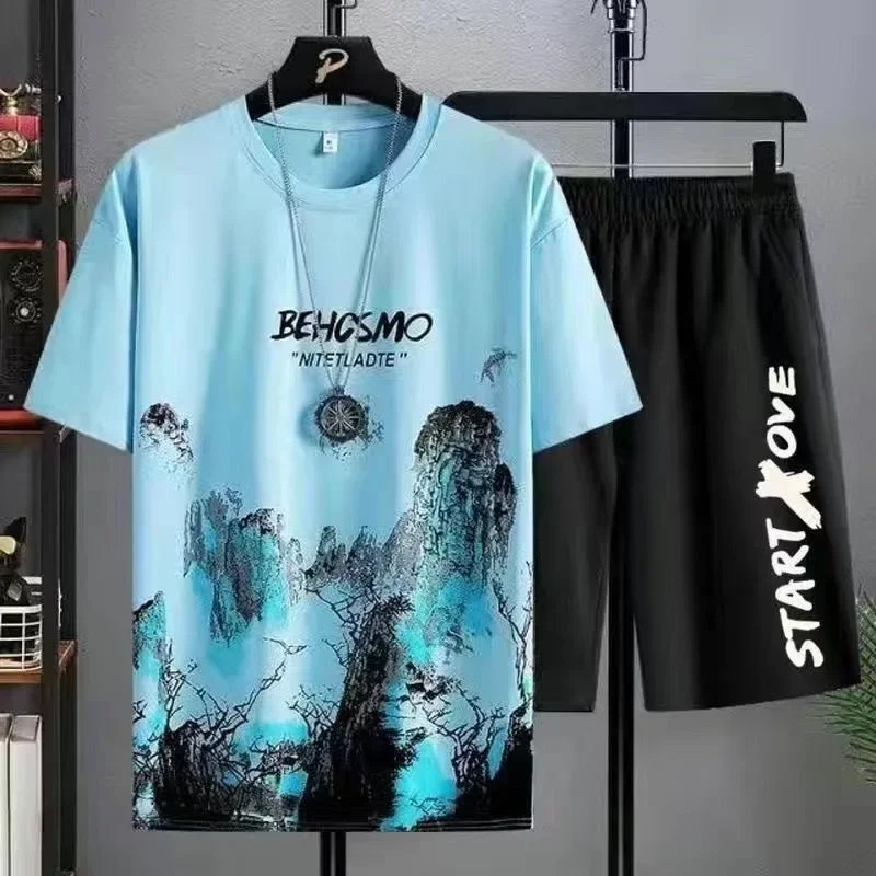 Men set 2024 Summer leisure Manga Graffiti Tees T-shirt+shorts 2-piece sets Comfortable and breathable for men Top Print Tshirts