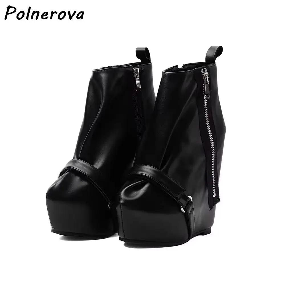 Gothic Platform Wedge Ankle Boots Round Toe Single Strap Buckle Side Zipper Fold Shoes Punk Fashion High Platform Short Boots