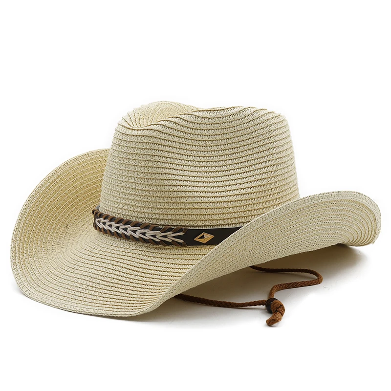 New Straw Cowboy Hat with Metal Plated Hatband Shapeable Cowgirl Jazz Caps For Dad Summer Western Sombrero Vacation Beach Sunhat