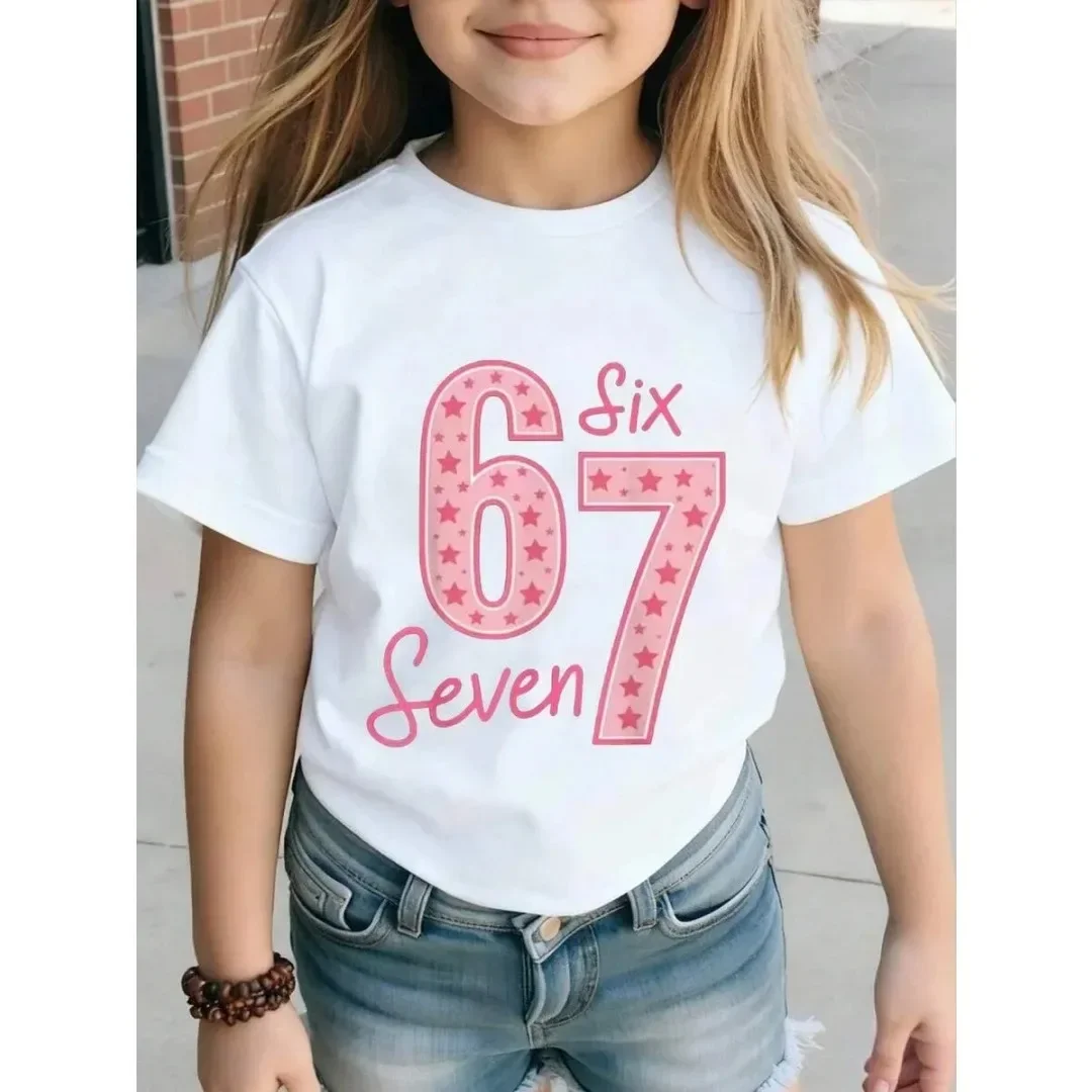 Children's 67 Christmas Elf Print Girls Short Sleeve Round Neck Tee Parties Casual Wear Comfort Children Clothes Cotton