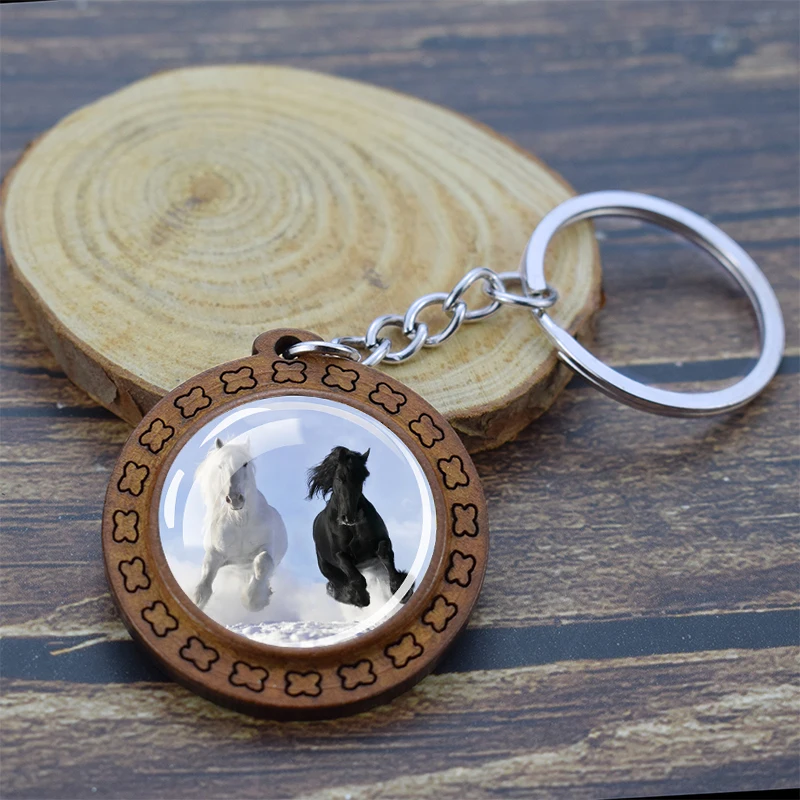 Horse Series Round Top Glass Wooden Keychain Glowing Horse Stuff Exquisite Gift for BraveStruggling Men Crazy Horse Lovers Gifts