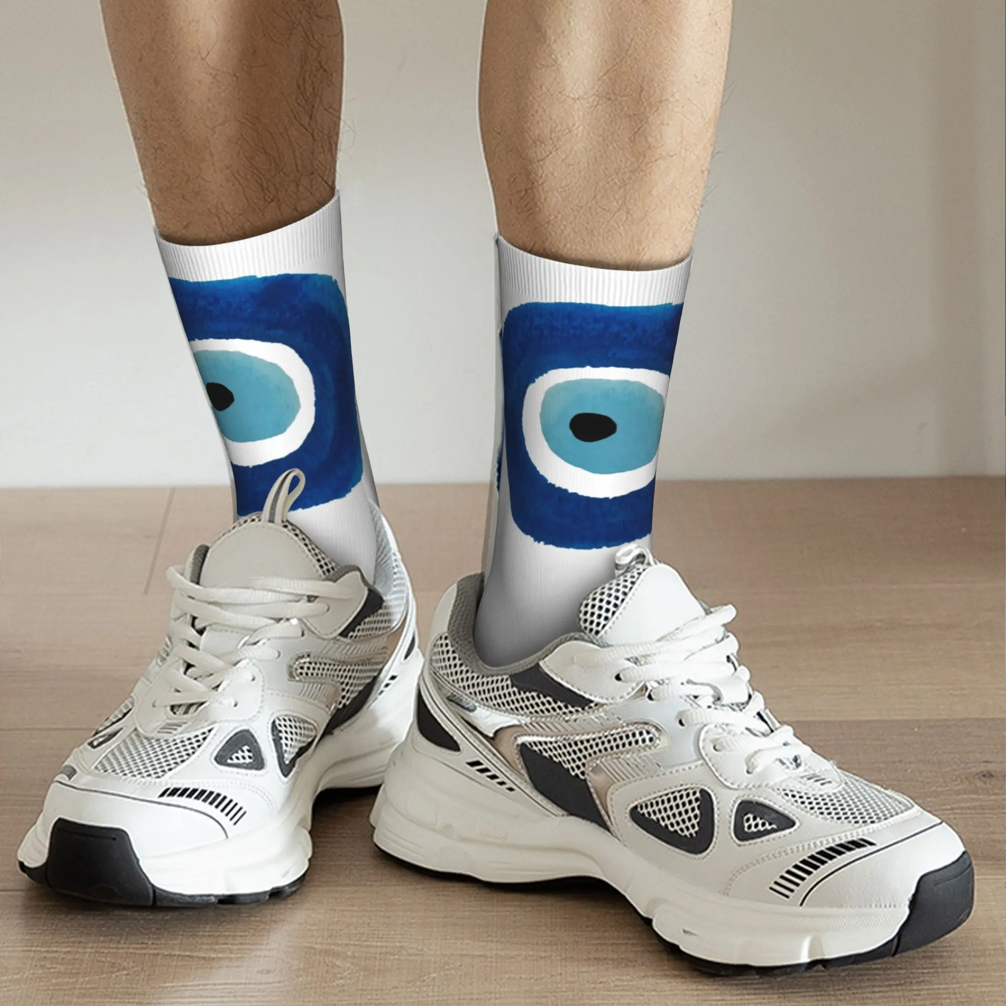 Custom Watercolor Evil Eye Nazar Painting Mens Crew Socks Unisex Cute Hamsa Lucky Charm Spring Summer Autumn Winter Dress Socks view 5