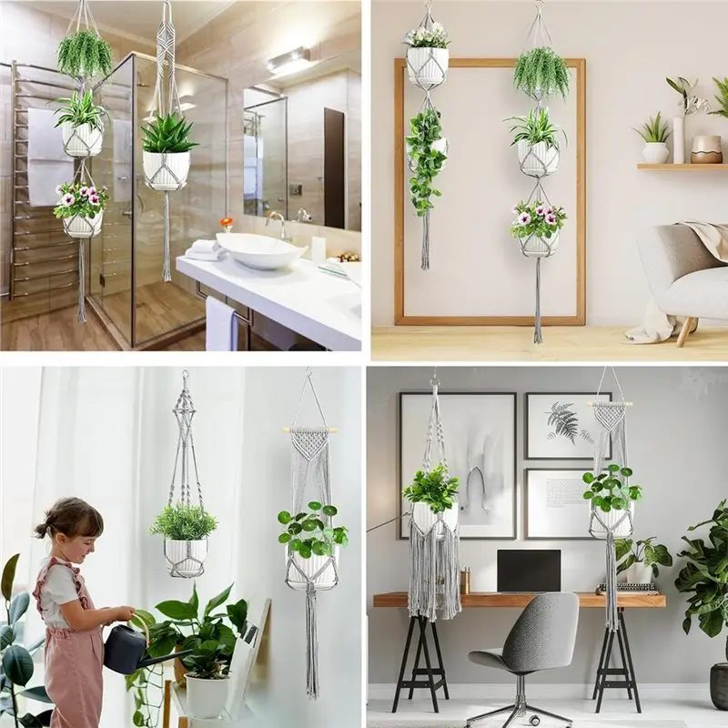 PZHI Macrame Plant Hanger 6 Pack Indoor Hanging Planter Holder Boho Decor Flower Pots Holder Stand with Hooks