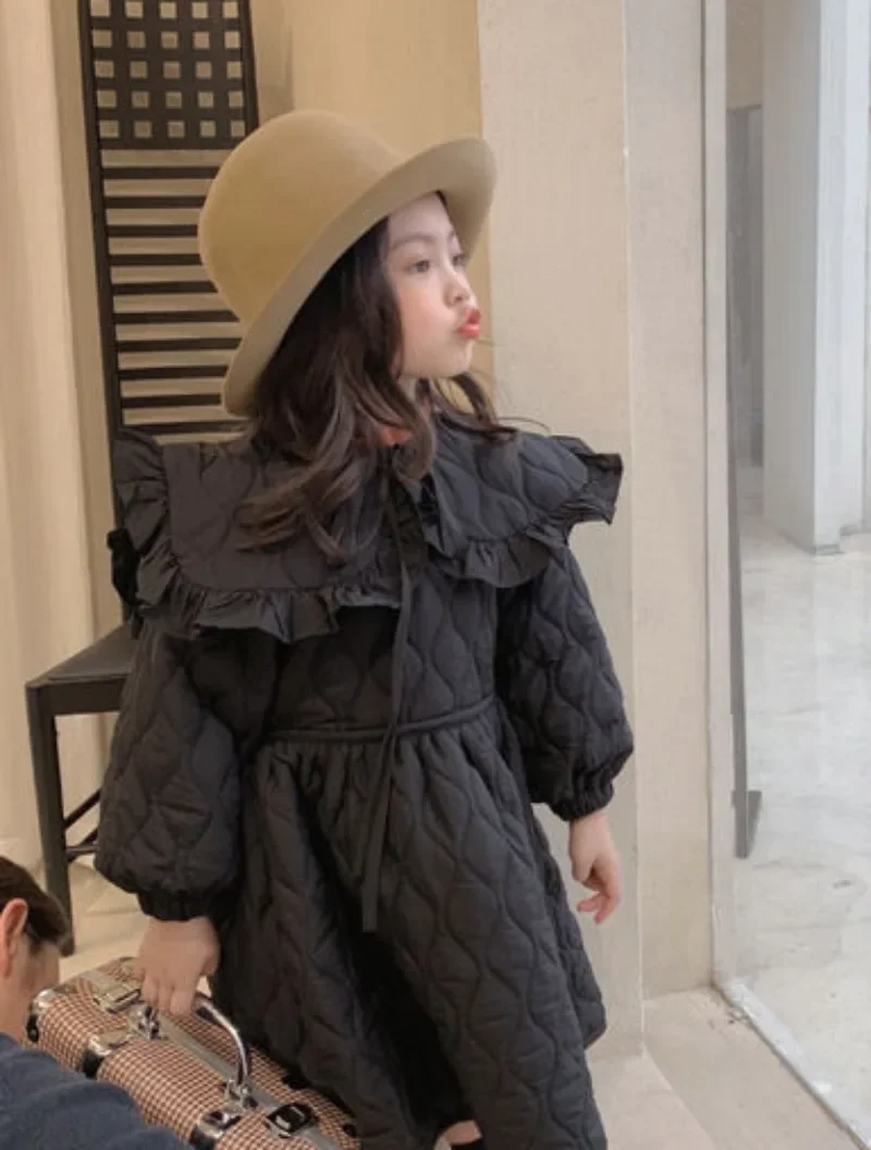 Girls Casual Dresses Korean Childrens Clothing Winter Season New Thickening Turn Dowm Collar Cotton Princess Style Soild Warm