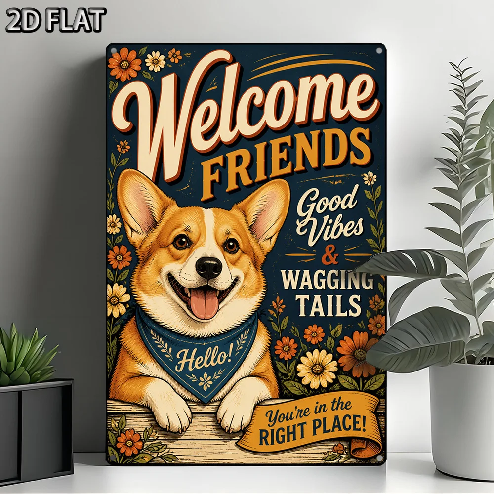 2D Flat Retro Typography Rectangular Aluminum Plaque, Good Vibes Retro Style Metal Wall Sign, Corgi with Wagging Tails Vintage