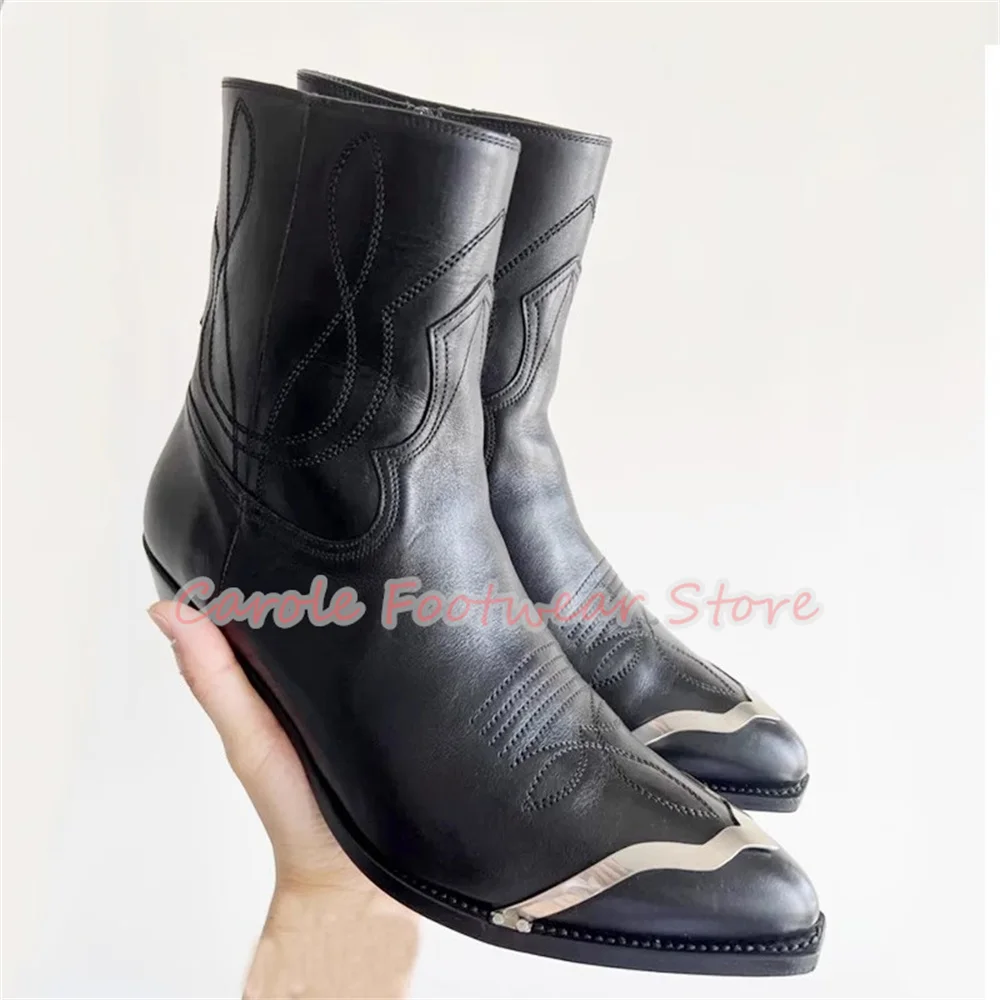 

Male Genuine Leather Carving Western Cowboys Boots Metal Decor Pointed Toe Chunky Heel Chelsea Boots for Men High Top Boots