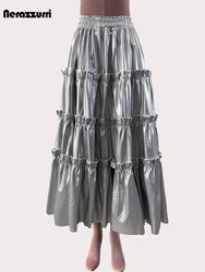 Nerazzurri Spring Autumn Long Silver Pu Leather Maxi Tiered Skirt Women with Elastic High Waist Luxury Designer Clothes 2024