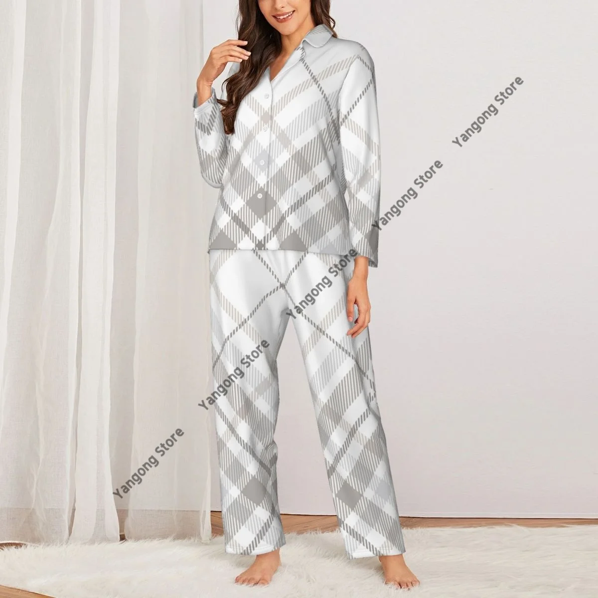 Spring and Autumn Pajama Set Women's Long Sleeve Pants Two Piece Plaid Check In Pastel Print Home Furnishing Set