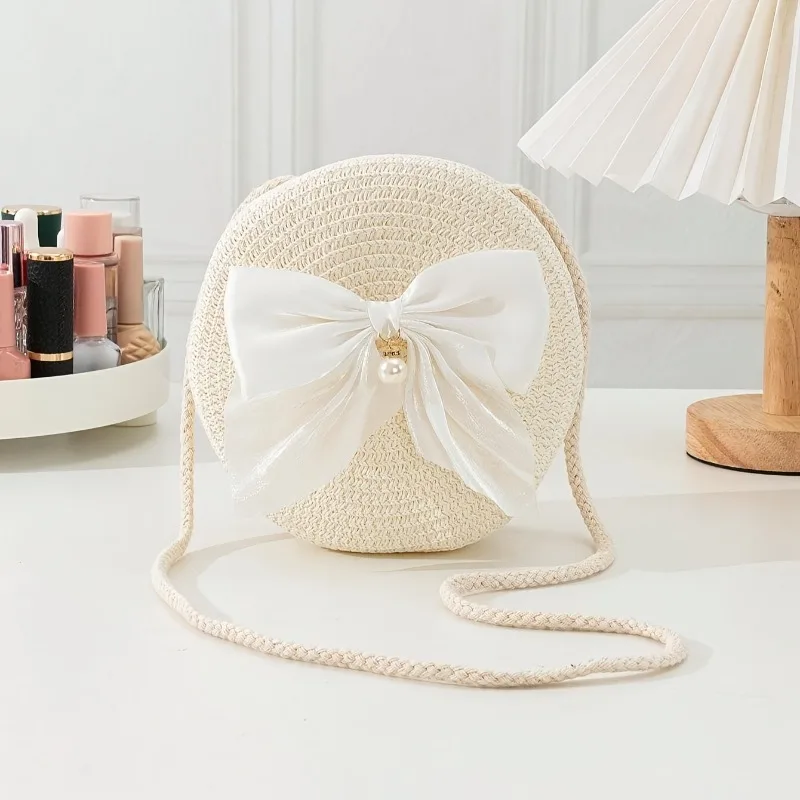 

Elegant Round Straw Crossbody Bags with Bow Decoration Bohemian Chic Style Breathable Woven Design Beach Vacation Accessory