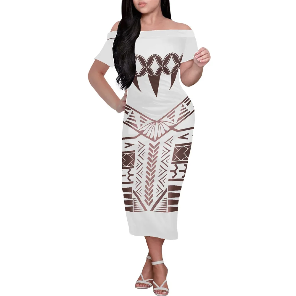 Fashion Summer Off Shoulder Short Sleeve Bodycon Dress Party Evening For Women Polynesian Tribal Samoan Fijian Design Dresses