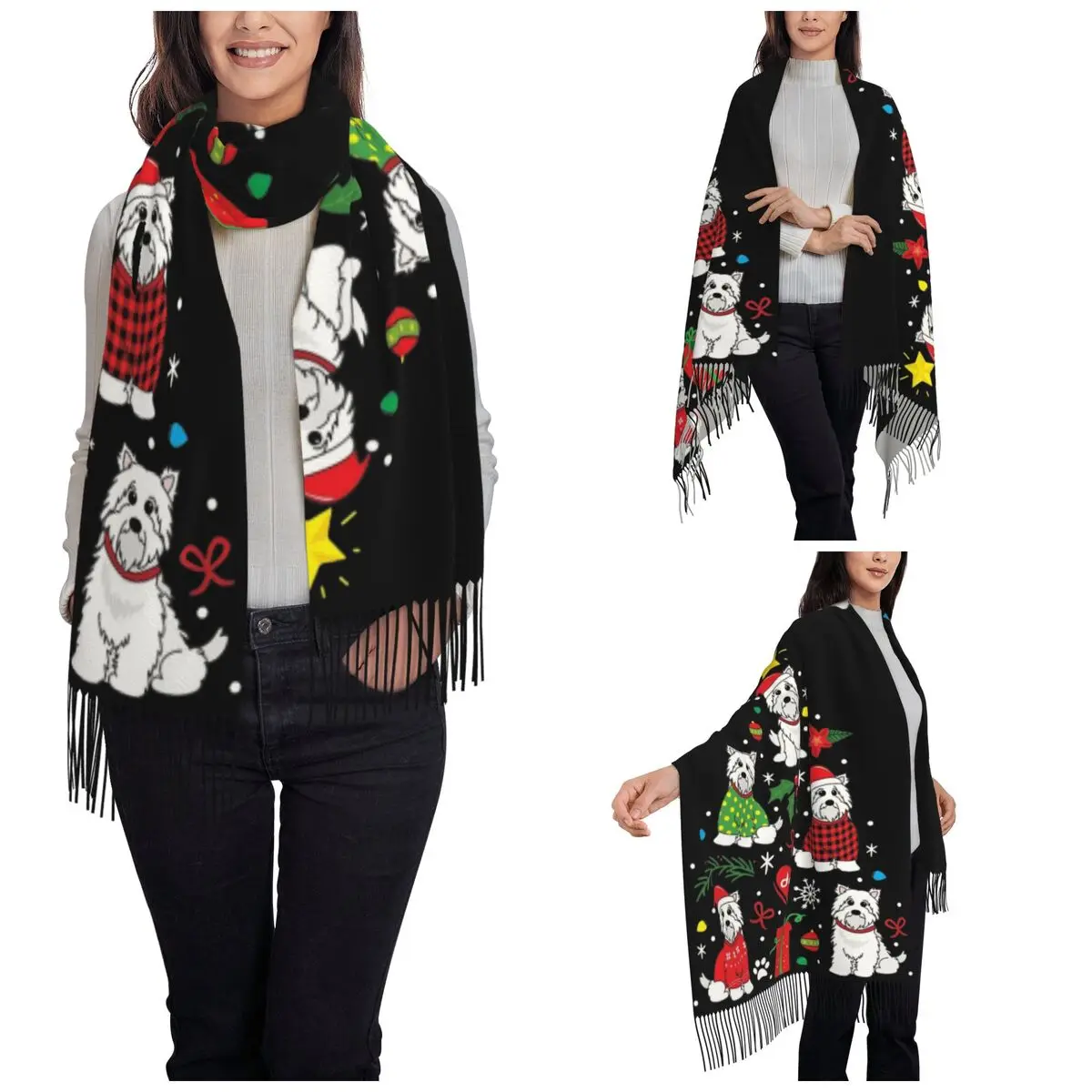 Womens Tassel Scarf Westie Dog Christmas Tree Large Winter Warm Shawl Wrap Gifts Cashmere Scarf