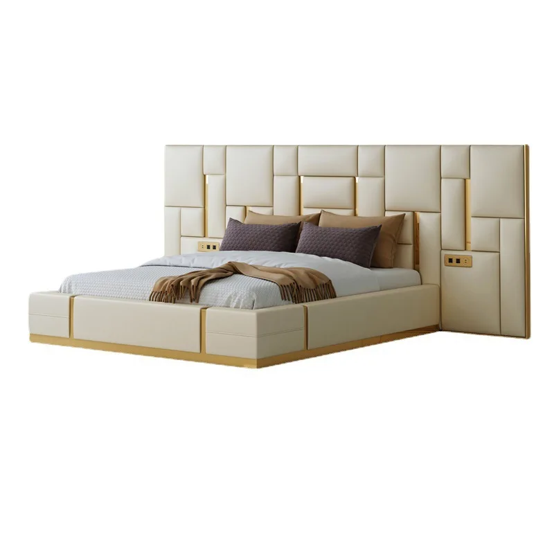 

sh- Luxury Post-Modern Minimalist Italian Leather Headboard Soft King-Size Double Bed Nordic Art Wedding Bed Up-Holstered Bed%