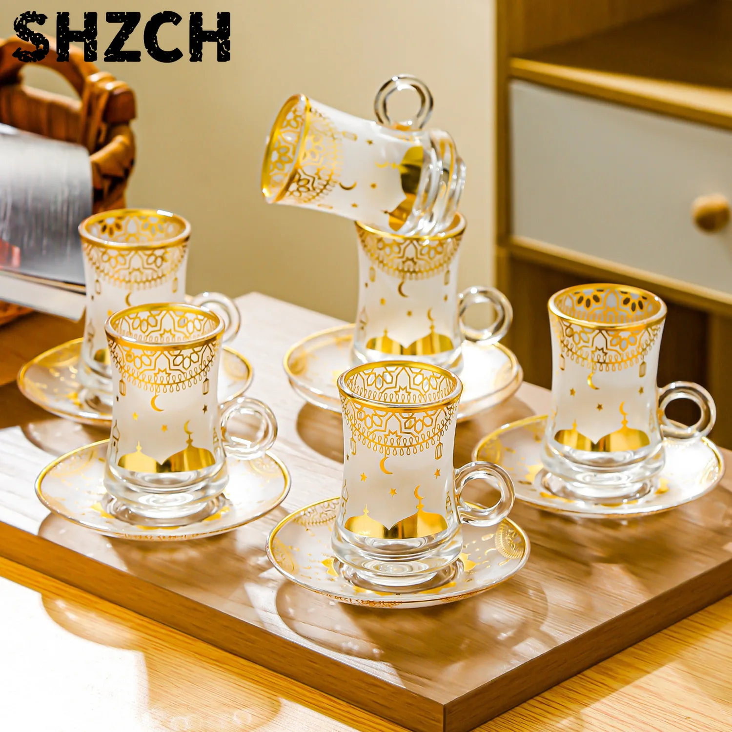 6er-Pack Kreative Transparente Glasbecher mit Heißgoldprägung Blumenmuster Glas-Kaffee-Latte-Becher
