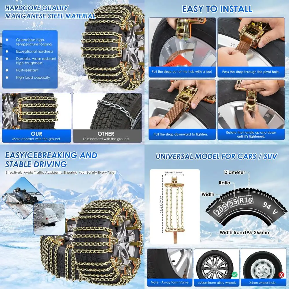 

Qoosea Snow Chains for Car & SUV Iron Chain 4 Row Tire Chains Heavy Duty 6Pcs Universal Anti-Slip Chains for Tires Durable Tire