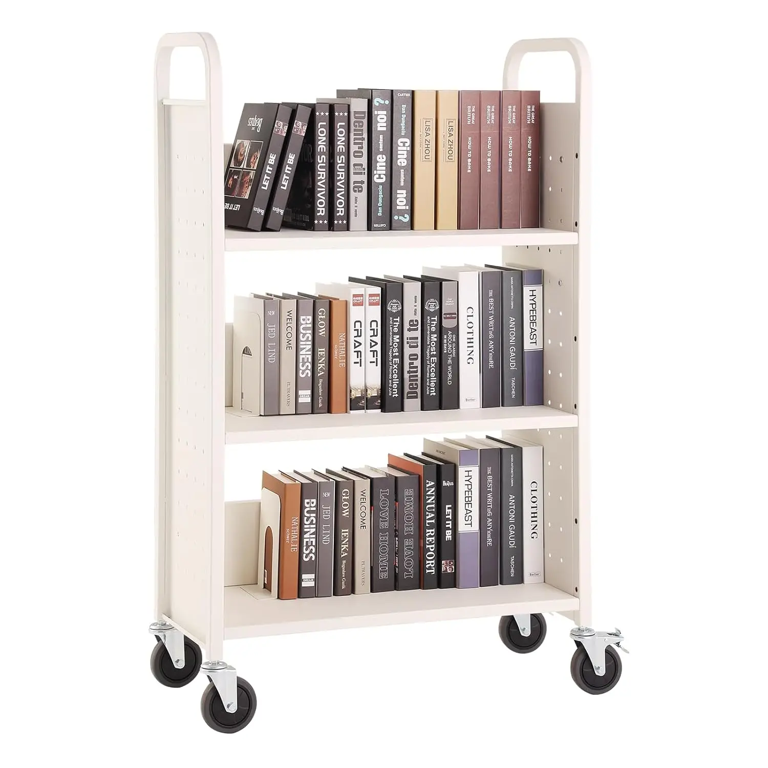 

Book Cart, 330 lbs Library Cart, 31.1" x 15.2" x 49.2" Rolling Book Cart, Single Sided L-Shaped Flat Shelves with