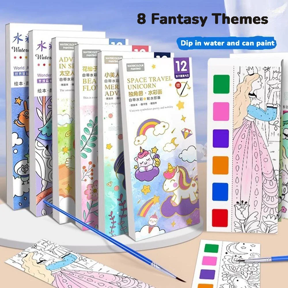 

Portable Watercolor Painting Book 12 Sheets Coloring Book with Paint Brush Kids Graffiti Drawing Stationery