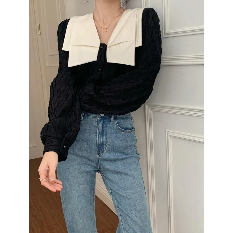 QWEEK Korean Style Vintage Elegant Women Blouses Office Desighed Fashion Long Sleeve Shirts Solid Colour Youthful Autumn Clothes