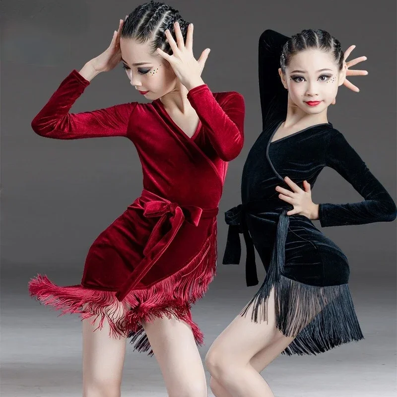 

Velvet Latin Dance Dress for Girls Fringed Tango Salsa Ballroom Kids Dresses Long Sleeve Cha Cha Performance Costume Rumba Dress
