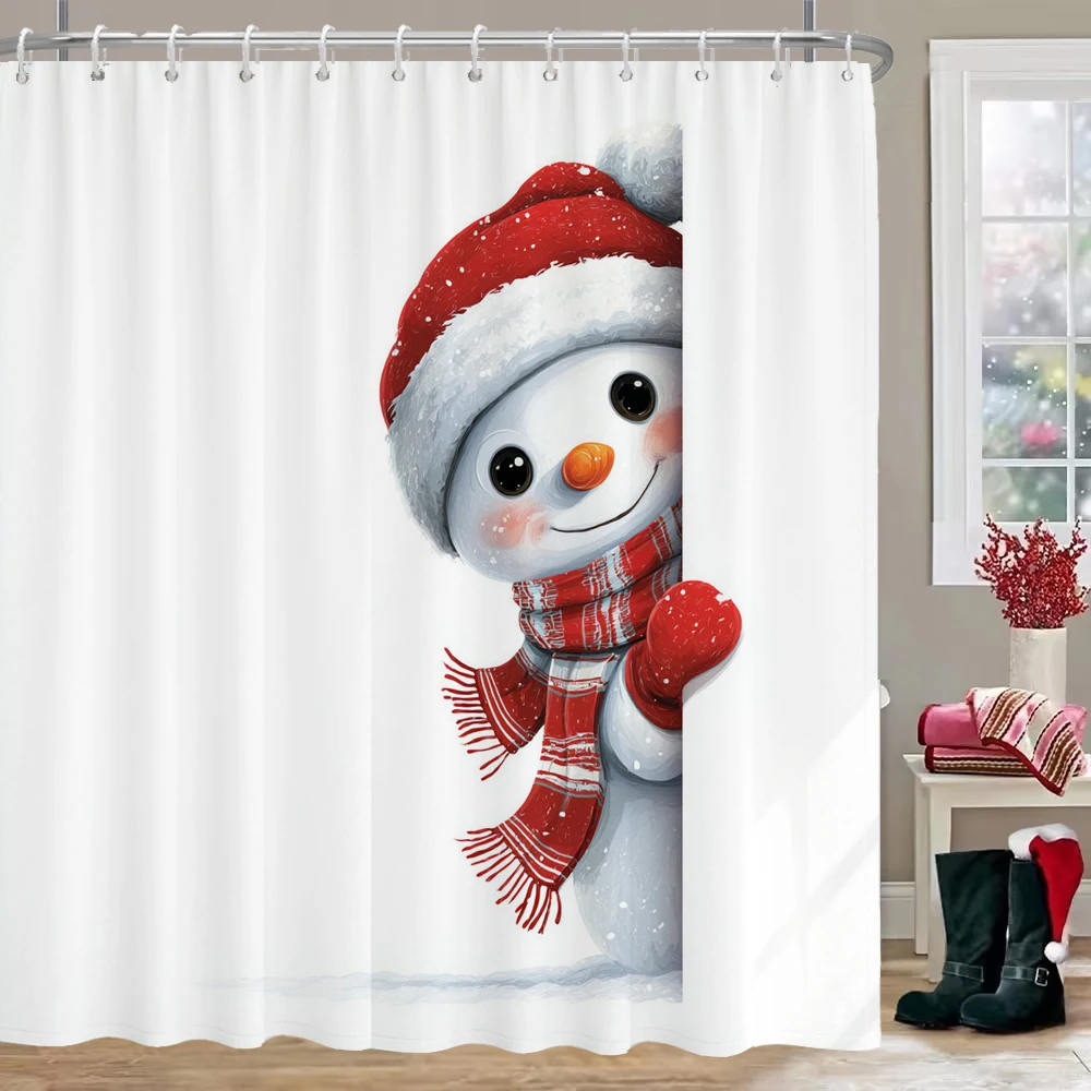 

1pc Funny cartoon Christmas snowman Printed Shower Curtain Privacy Hanging Curtain with Hooks, Multiple Sizes Machine Washable
