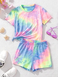 Junior gradient print casual crew neck short sleeve T-shirt and shorts set for summer,