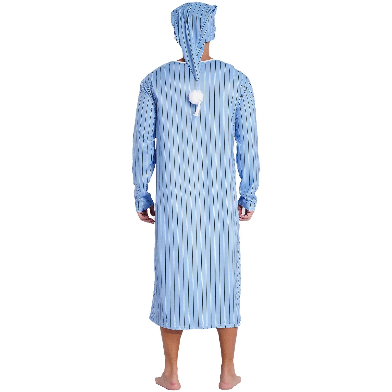 Men\'s Soft Loose Sleep Robe Fashion Homewear Striped Long Sleeve Button-down Nightshirt with Sleeping Cap Pajama Set Nightgown