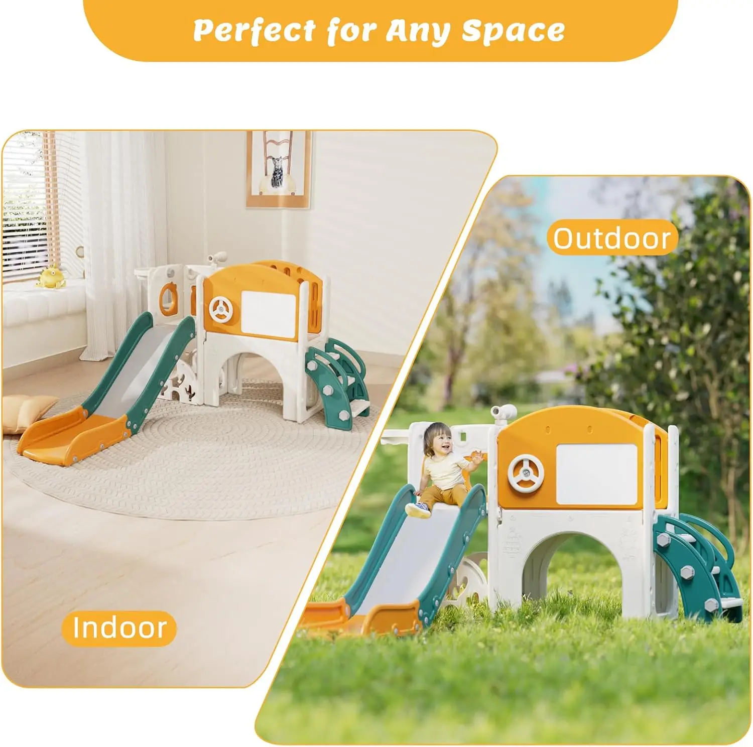 Toddler Playground Playset for 1-3 Year Olds with Golf, Drawing Board, Slide, Basketball Hoop & Storage