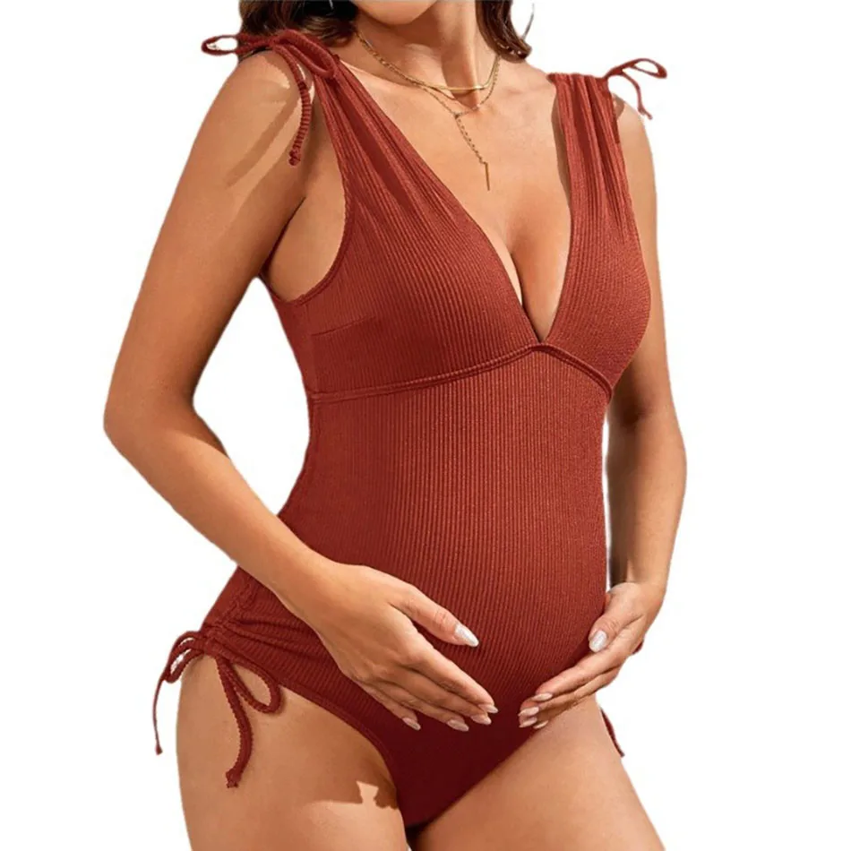 Pregnancy Beachwear Women V Neck Backless One-Piece Summer Swimsuit Adjustable Straps Swimwear for Stylish and Comfortable Fit