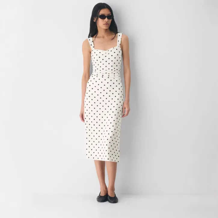 

Women's new spring square-neck sleeveless waist-cinched polka-dot camisole elegant temperament dress