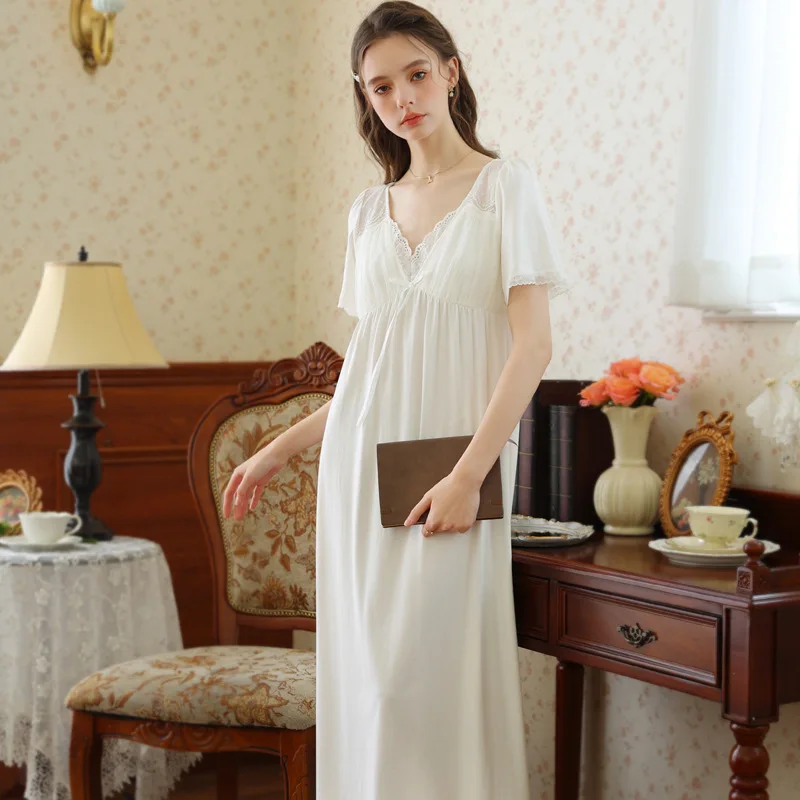 New Retro French Lace Nightdress for Girls Short Sleeve Summer Pajamas with Sweet Princess Style Lightweight Design XL Size Cozy