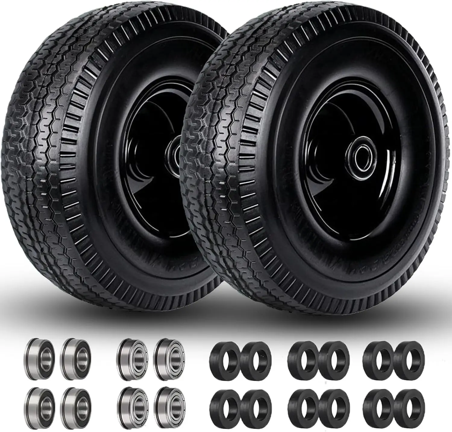 

4.10/3.50-4 Solid Tire & Wheel 10" Flat Free PU with 5/8" Bore, 3/4" & 1/2" Bearings, 2.2" Offset Hub for Hand Truck Garden Cart