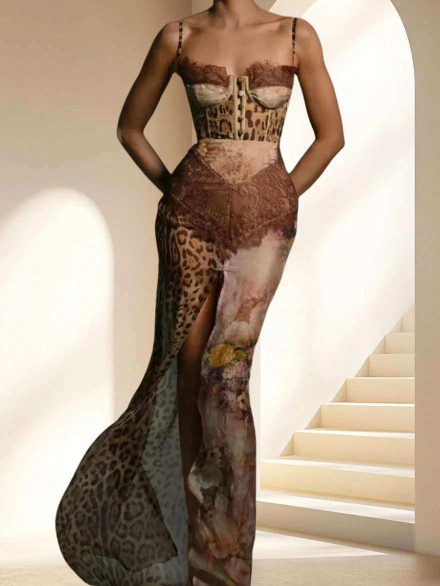 Gaun Seksi Motif Leopard dengan Renda, Belahan Tinggi, Gaun Maxi Wanita, Gaun Elegan Tanpa Lengan, Patchwork Chiffon, Punggung Terbuka, Gaun Pantai, Gaun Malam