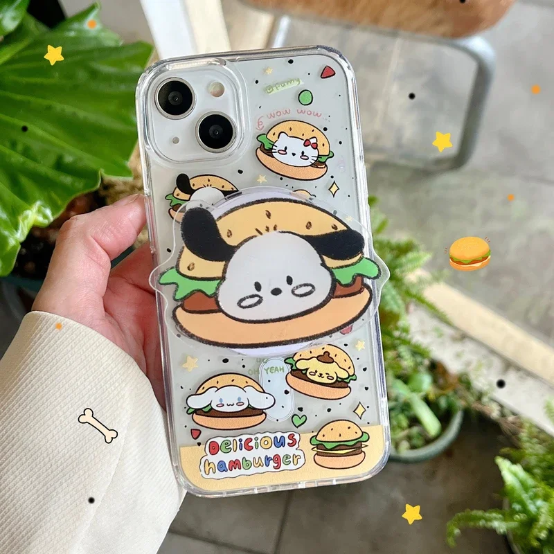 Cute Cartoon Sanrio Hamburg Pochacco Magnetic Bracket Magsafe Wireless Charge Phone Case For iPhone 15 14 13 12 11 Pro Max Cover