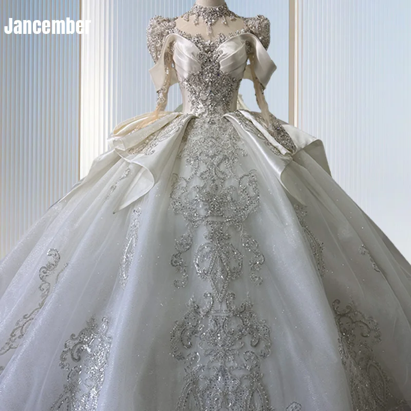 

Jancember O-Neck Bow Illusion Wedding Dresses Full Sleeves Puff Sleeves Ruffles Bride Dresses Wedding Vestidos De Novia XS012