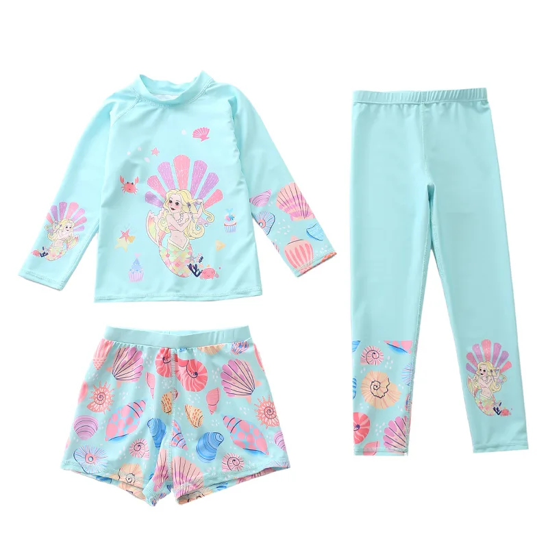 HappyFlute-traje de baño de manga larga para niñas, traje de baño con estampado bonito, 3 piezas, protección solar, ropa de playa