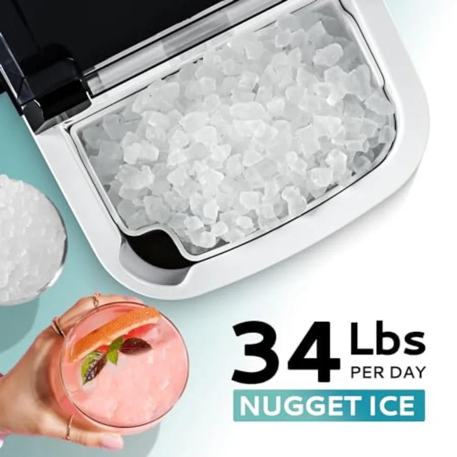 Countertop Nugget Ice Maker for Home/Party/RV/Camping, Stainless Steel, Silver, 6-Min Ice Ready, 34lbs/Day Output, Removable Co