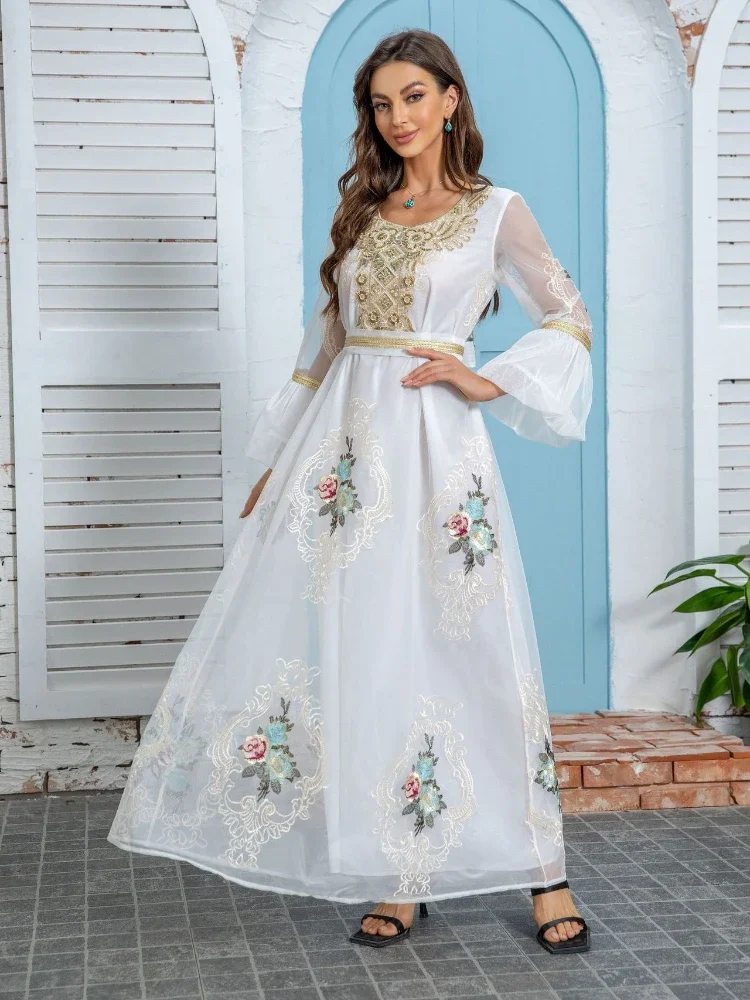 Eid Muslim Party Dress for Women Embroidery Flare Sleeve Abaya Sequins Lace-up Night Dresses Morocco Caftan Vestidos Largos 2024