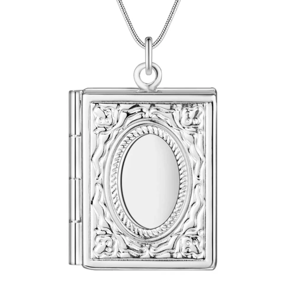 925 Sterling Silver Oval Colar com Pingente de Coração para Homens e Mulheres, Foto Redonda, Moldura Aberta, Corrente Serpente, Jóias Casamento,