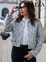 TRAFZA Women Spring New Fashion Jacket Silver O-Neck Long Sleeves Fake Pocket Sequins Decoration Female Streetwear Short Coats