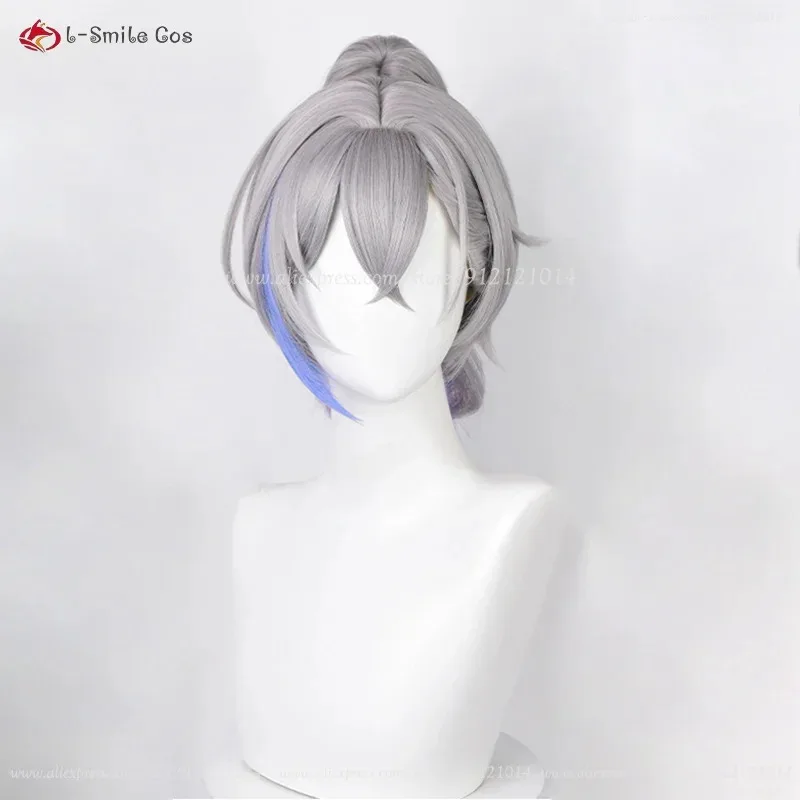 

2025 HSR Wolf Cosplay 41cm Silver Gray Gradient Blue Purple Ponytail Anime Heat Resistant Synthetic Hair + Wig Ca