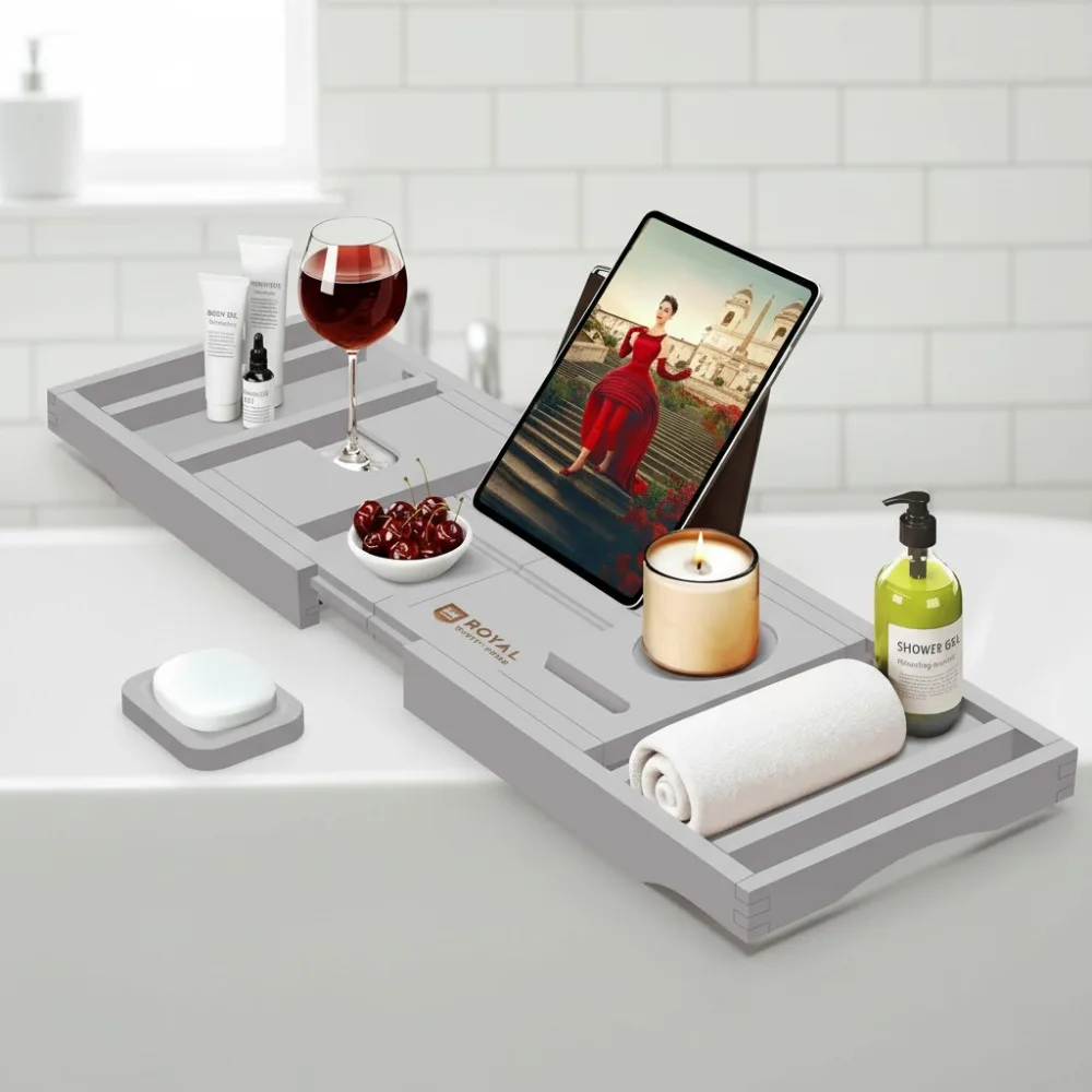 

Premium Expandable Bathtub Tray - Foldable Bamboo Bath Caddy with Wine Holder & Book Slot for Couples Relaxation