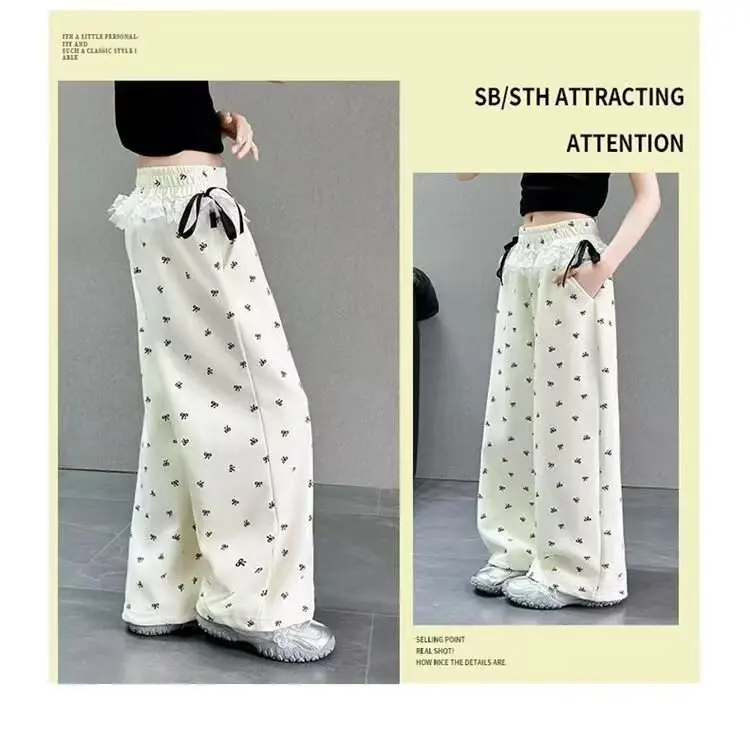 UNITIM Frühlingshosen mit Schleife für Mädchen, bedruckte Wide-Leg-Hosen für Teenager-Mädchen, lockere Kinderhosen, Freizeithosen für Kinder, 5–14 Jahre – Detail 15