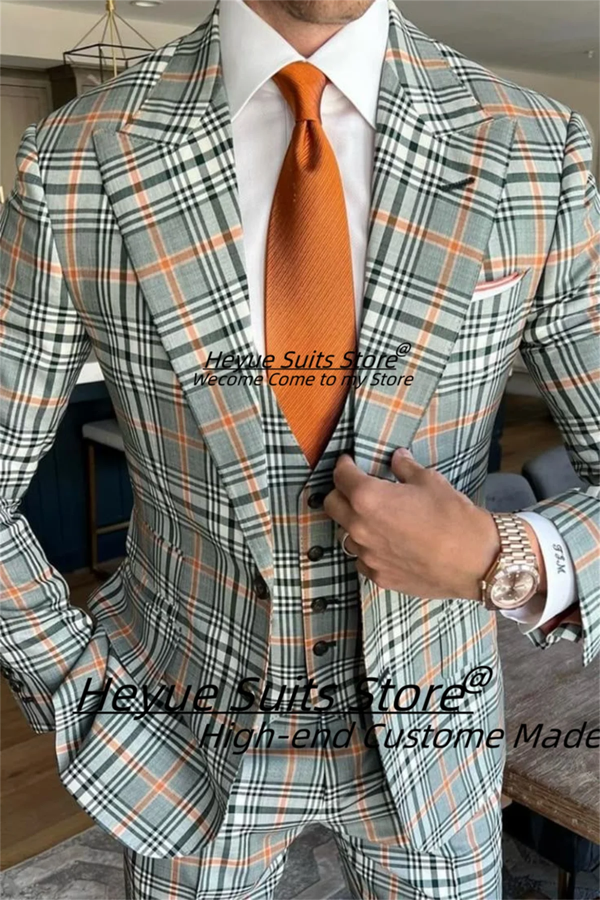 Classic Plaid Men Suits Customized Slim Fit Peak Lapel Groom Wedding Tuxedos 3 Pieces Sets Male Prom Blazers Costume Homme