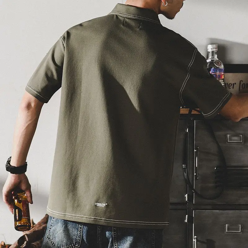 American Retro Lapel Polo Shirt Summer Loose Work T-shirt Short-sleeved Men Top