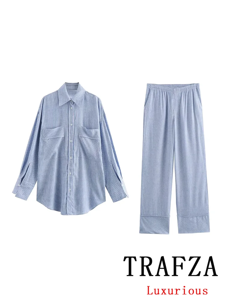 TRAFZA Vintage Casual Chic Women Striped Suit Single Breasted Long Sleeve Shirt Loose Long Pants New Fashion 2024 Summer Sets