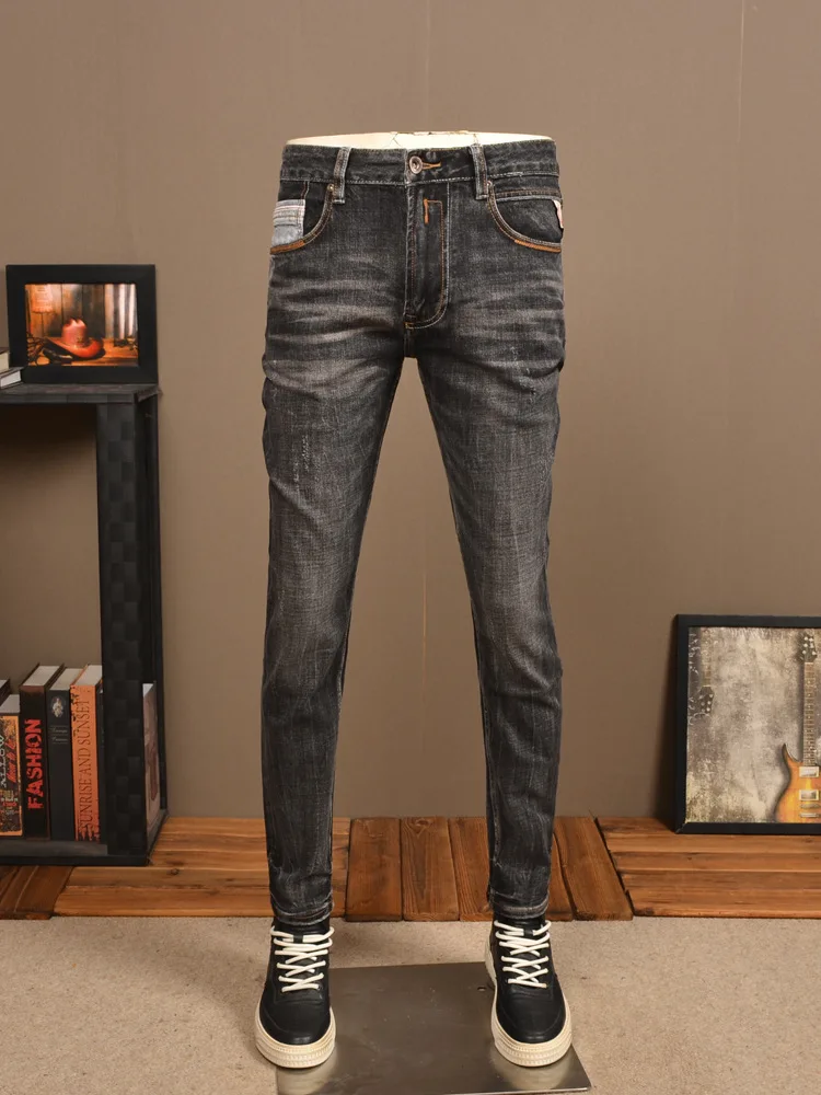 2024 New Spring Street Retro Black Jeans Men's Handsome Stretch Slim High-End Distressed Casual Trousers