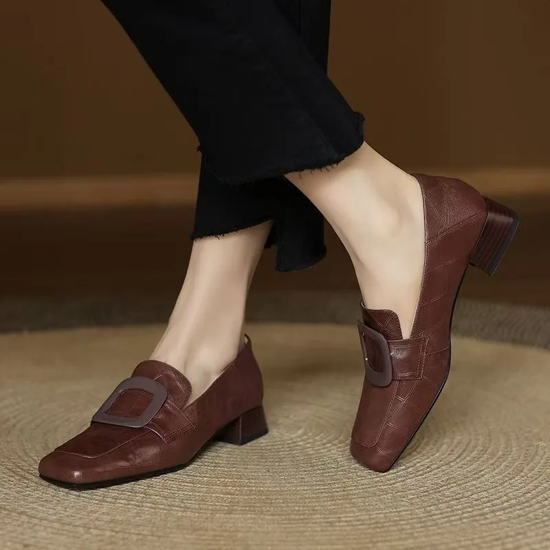 Fashion Square Buckle Designer Ladies Shoes 2026 Spring Retro Solid Color Casual Shoes Daily Office Shopping Ladies High Heels view 2
