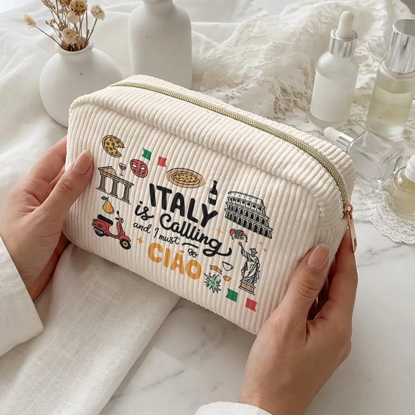 Vintage Italy Is Calling CIÁO Travel Print Corduroy Makeup Bag Portable Cosmetic Storage Pouch Travel Lover Women Gift