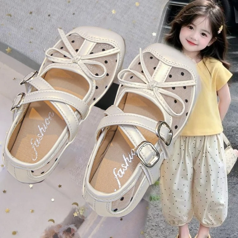JGSHOWKITO Girl Mesh Flat Shoes Polka Dot Children School Leather Shoes Breathable Soft Daily Wear Kids Princess Mary Jane Shoes
