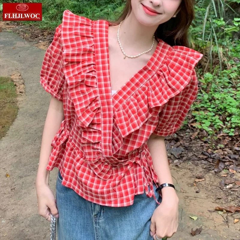Blusas femininas com cadarço, blusas fofas para férias, data, meninas, retrô, verão, manga curta, babados, peplum, camisas xadrez vermelhas, 2025