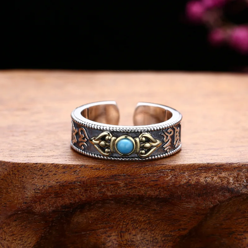 

S925 Sterling Silver Female Ring Finger Natural Turquoise Open Ring for Men Fashion Party Fine Jewelry Circle Gift